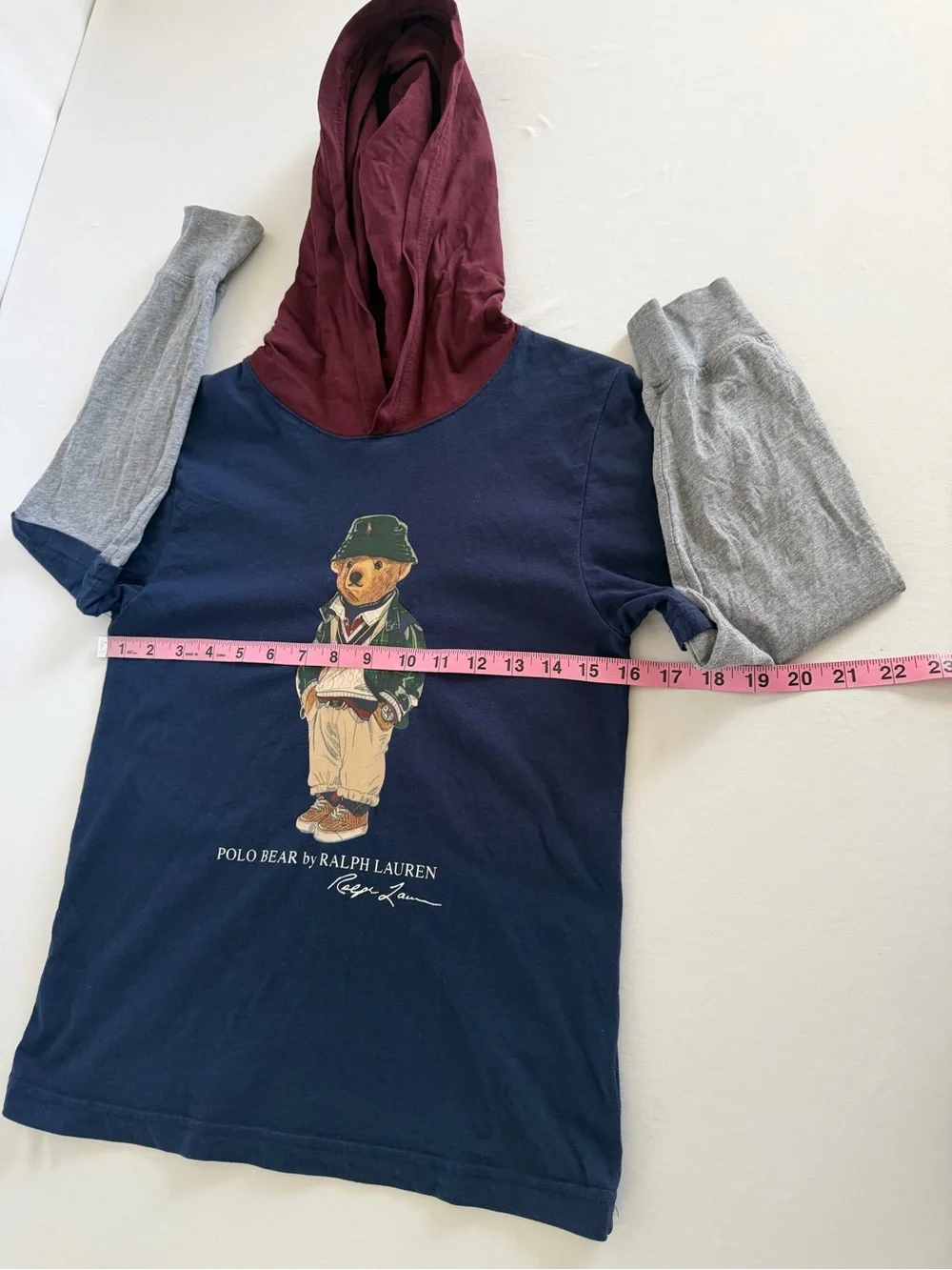 Polo Ralph Lauren Bear Graphic Hooded T-shirt Boys Medium 10-12 Blue Long Sleeve